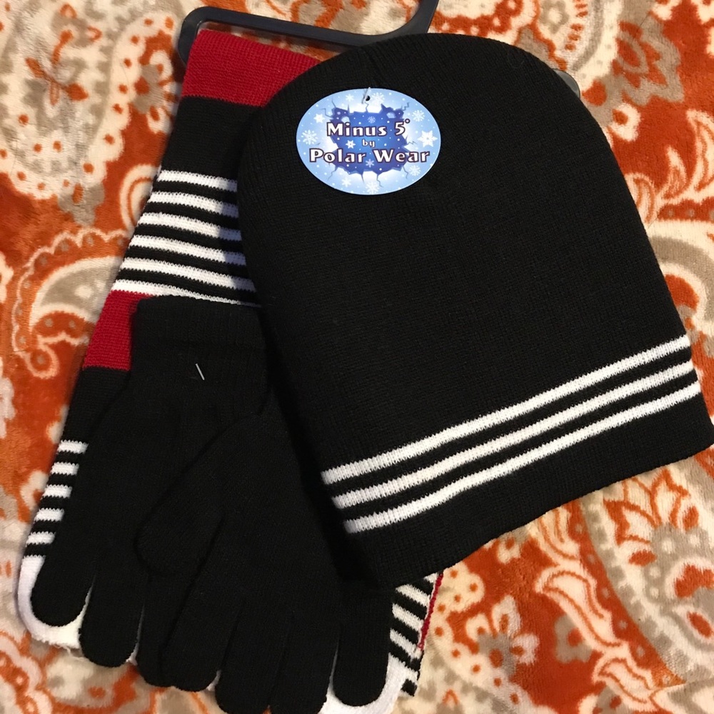 Winter Hat Gloves & Scarf Set Kids Knit red & blue